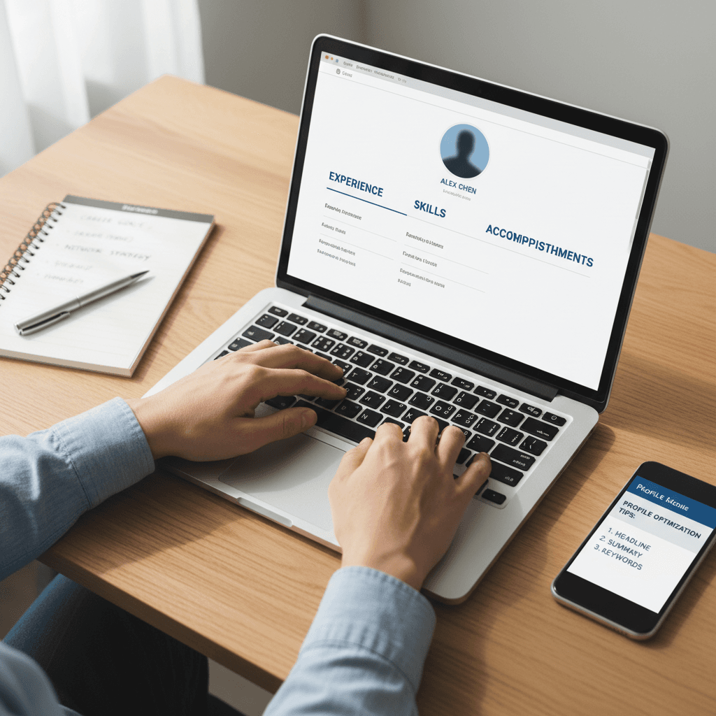 Professional's hands typing on laptop displaying career profile page at sunlit wooden desk with optimization notes nearby
