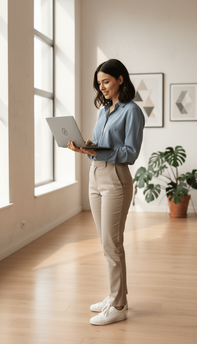 Professional wearing business casual attire standing and using portable laptop in bright interior space