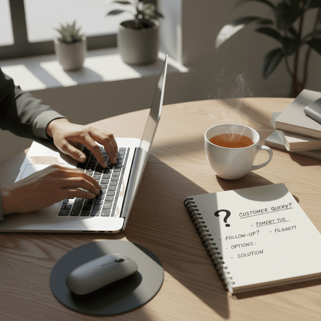 Woman's hands typing on laptop keyboard at wooden desk with notebook and tea, natural daylight