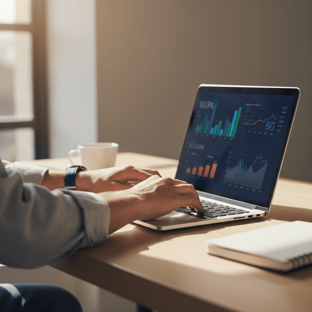 Person's hands typing on laptop displaying financial charts and graphs in bright natural light