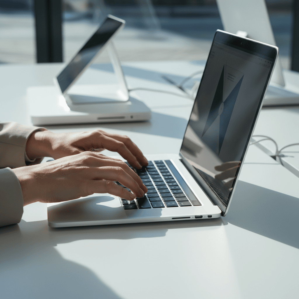 Customer's hands examining a sleek laptop on display in modern retail environment with natural window lighting